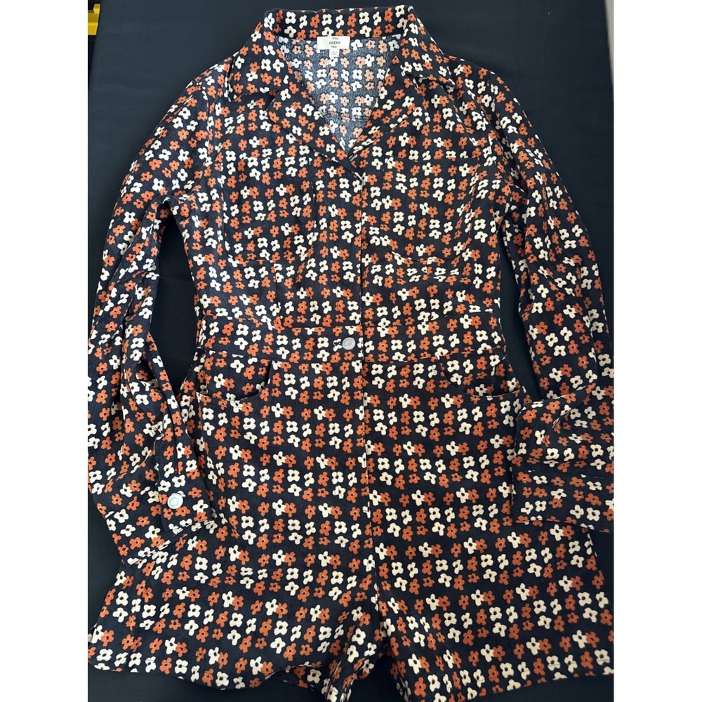 Entro Romper Womens Large Black Orange Floral Corduroy Long Sleeve Retro Boho